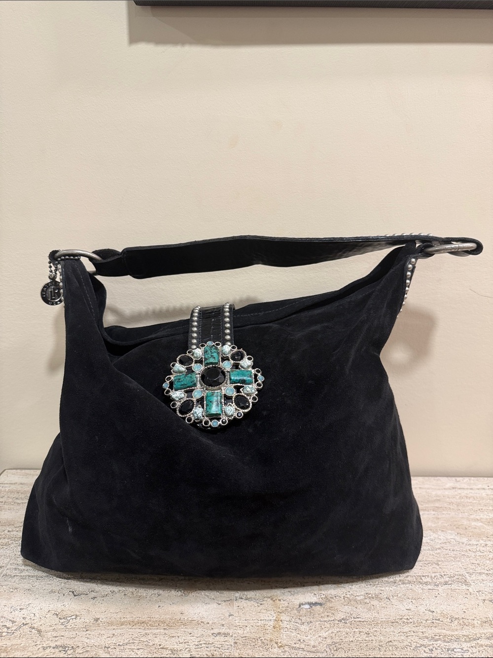 Leatherock Black Suede Hobo with Turquoise Jewel Medallion